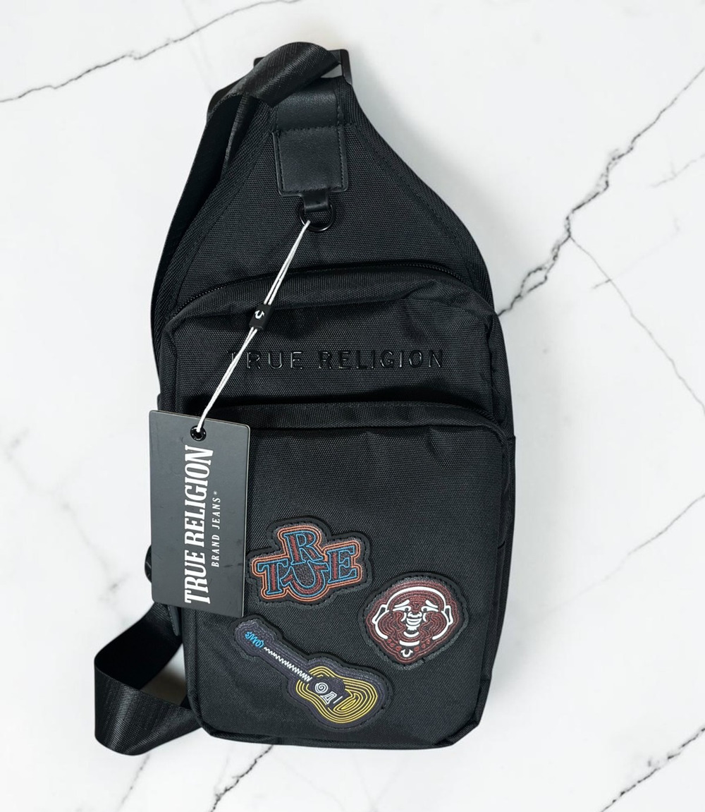 True Religion Perdue Black Patch Sling Crossbody Bag Adjustable Strap NWT